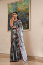 Load image into Gallery viewer, Gunmetal Silver Tissue Linen Saree