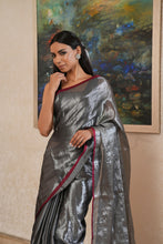 Load image into Gallery viewer, Gunmetal Silver Tissue Linen Saree