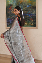 Load image into Gallery viewer, Gunmetal Silver Tissue Linen Saree