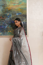 Load image into Gallery viewer, Gunmetal Silver Tissue Linen Saree