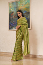 Load image into Gallery viewer, Chevron Design Green and Gold Pleated Saree
