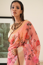 Load image into Gallery viewer, Rose Pink Floral Printed Banarasi Saree