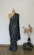 Load image into Gallery viewer, Chevron Sapphire and Gold Pleated Saree