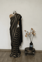 Load image into Gallery viewer, Chevron Design Black and Gold Pleated Saree