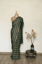 Load image into Gallery viewer, Chevron Design Dark Green and Gold Pleated Saree