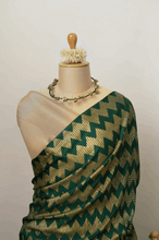 Load image into Gallery viewer, Chevron Design Dark Green and Gold Pleated Saree