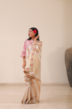 Load image into Gallery viewer, Striped Ivory Silk Cotton Chanderi Saree