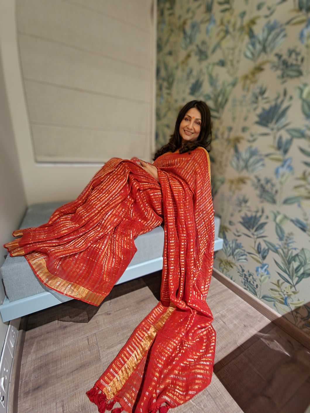 Festive Red Linen Saree