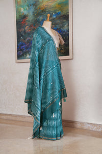 Teal and Pearl White Shibori Chanderi Saree