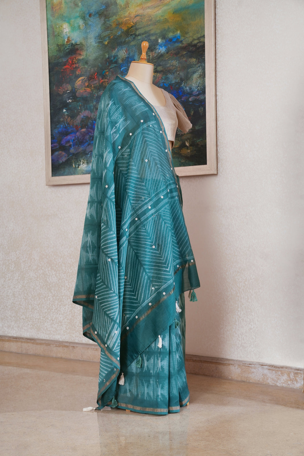 Teal and Pearl White Shibori Chanderi Saree