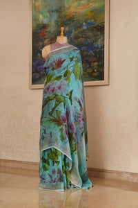 Turquoise Linen Saree