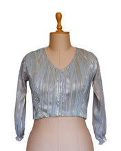 Load image into Gallery viewer, Blue Metallic Shimmer Pleated Blouse
