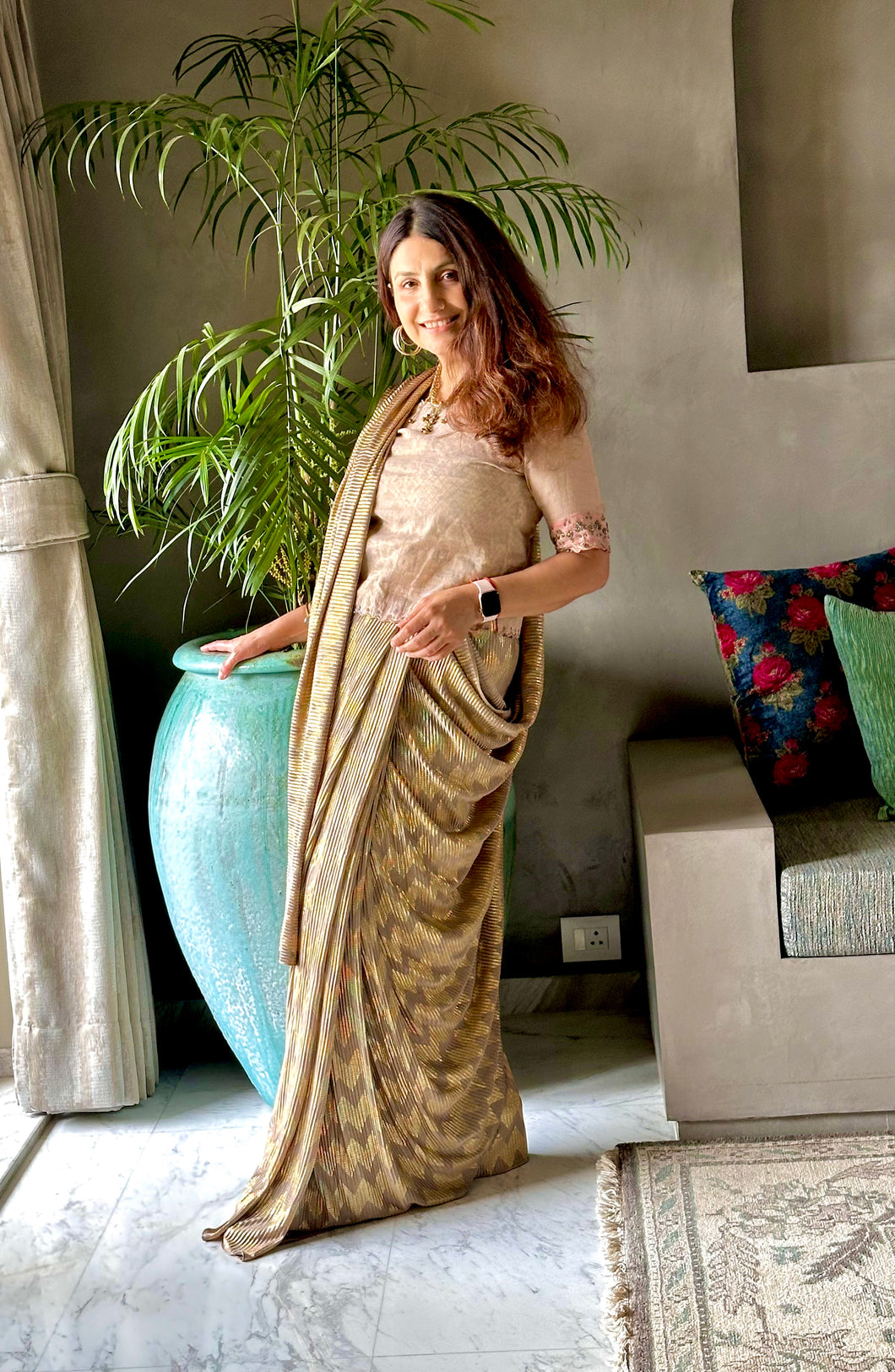 Champagne Satin Silk Saree