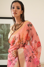 Load image into Gallery viewer, Rose Pink Floral Printed Banarasi Saree
