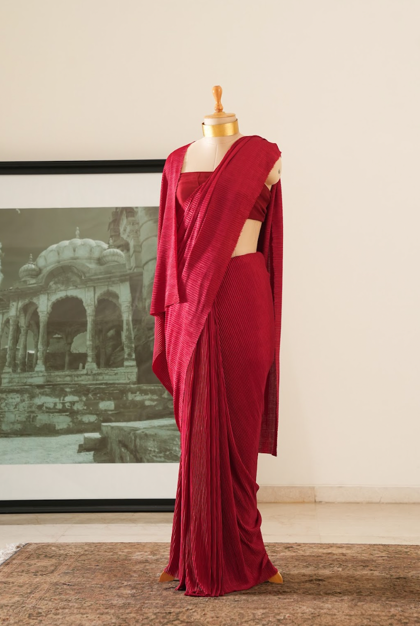 Pleated Cherry Red Lycra Silk Saree