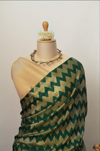 Load image into Gallery viewer, Chevron Design Dark Green and Gold Pleated Saree
