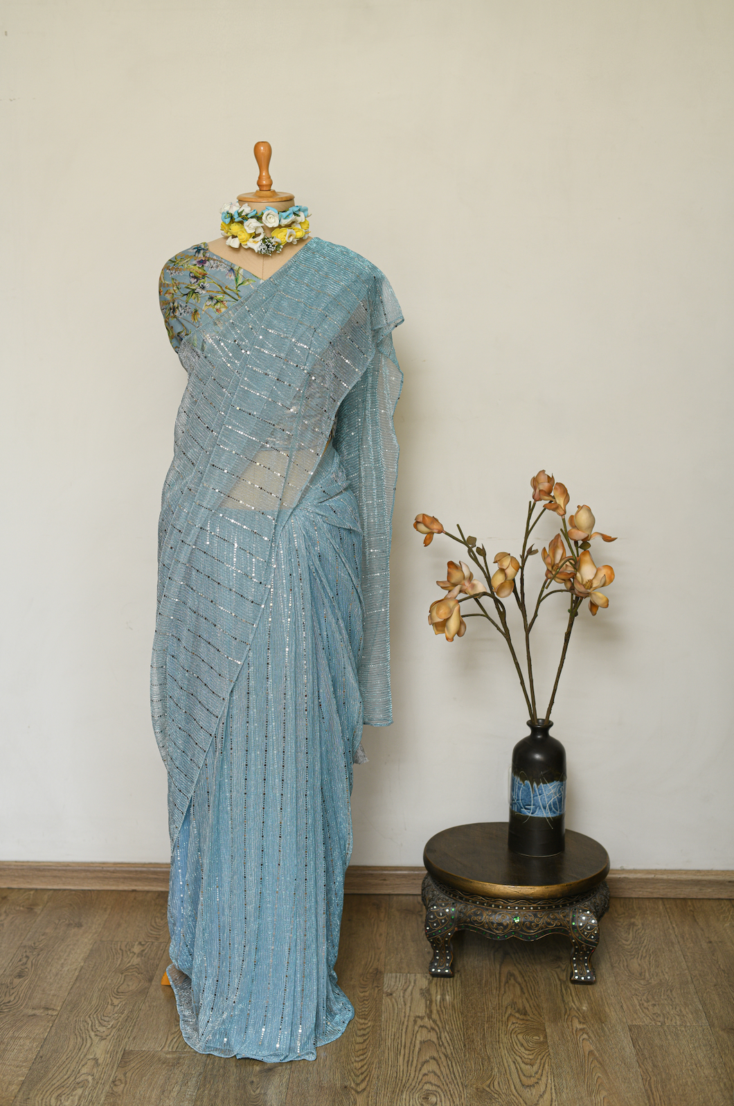 Sky Blue Shimmer Lycra Saree