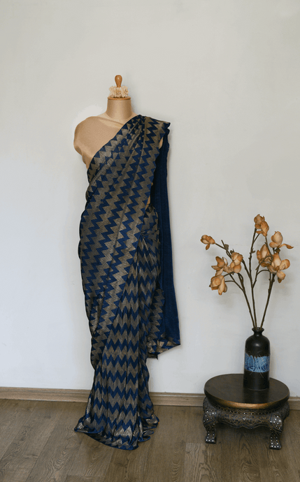 Chevron Sapphire and Gold Pleated Saree