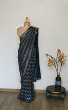 Load image into Gallery viewer, Chevron Sapphire and Gold Pleated Saree
