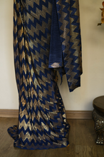 Load image into Gallery viewer, Chevron Sapphire and Gold Pleated Saree
