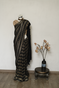 Chevron Design Black and Gold Pleated Saree