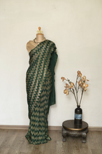 Load image into Gallery viewer, Chevron Design Dark Green and Gold Pleated Saree
