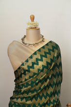 Load image into Gallery viewer, Chevron Design Dark Green and Gold Pleated Saree
