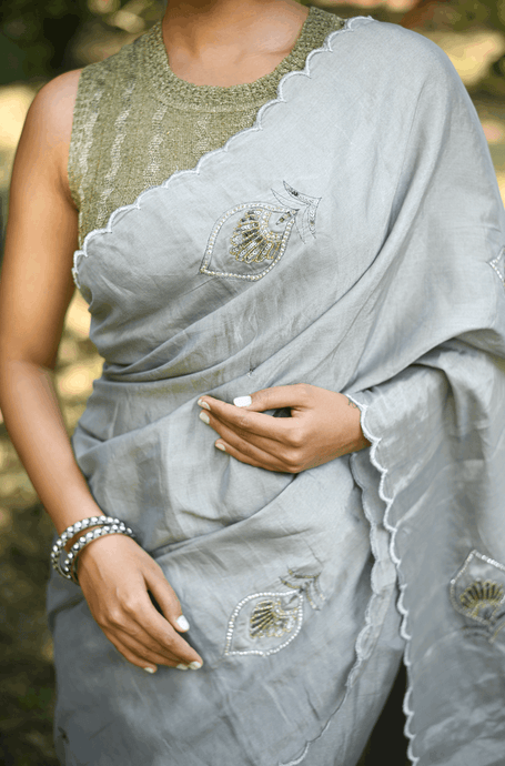 Silver Grey Embroidered Tissue Saree