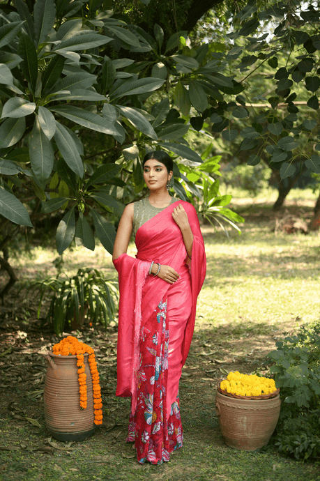Crimson Glow Half-and-Half Saree