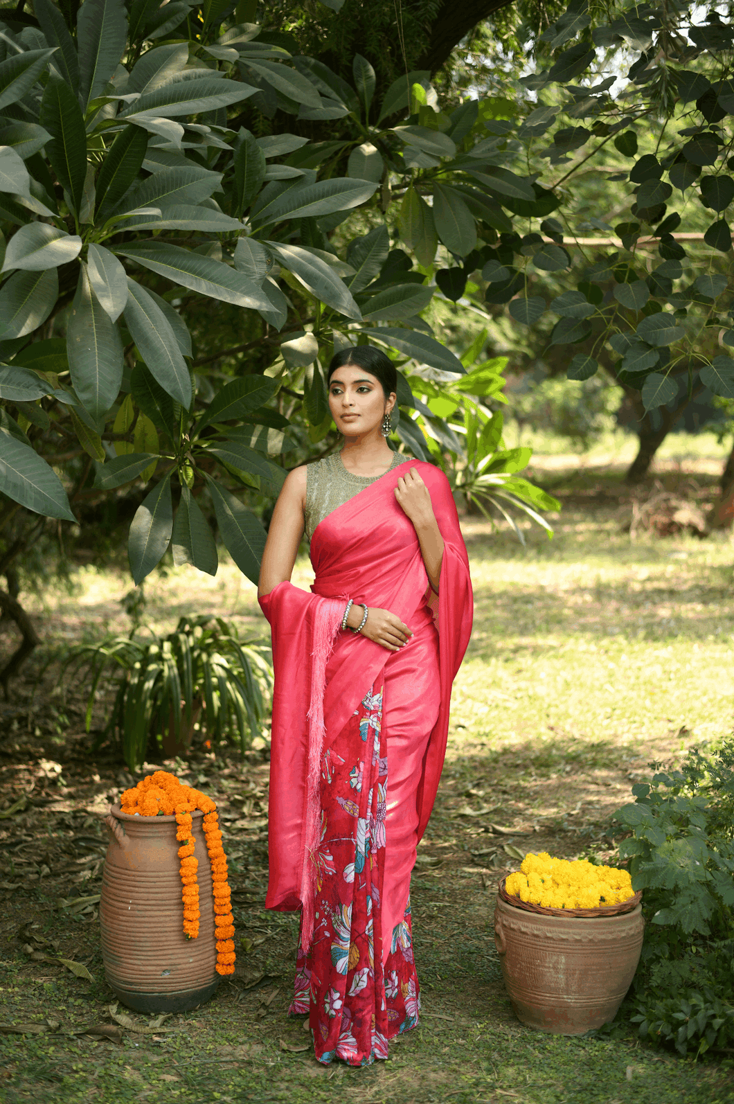 Crimson Glow Half-and-Half Saree