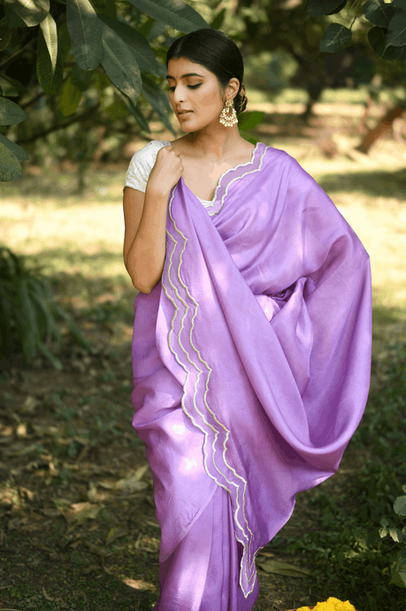 Lilac Scalloped Muga Silk Saree