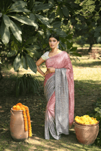 Load image into Gallery viewer, Silver and Red Crystal Ombre Saree
