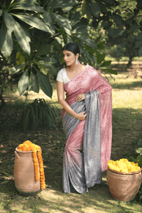 Silver and Red Crystal Ombre Saree