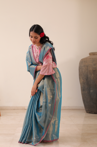 Aqua Tissue Linen Saree